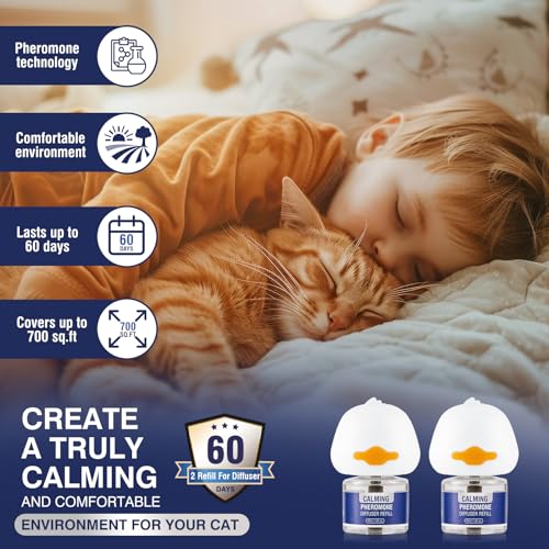 Piuess Katzen Beruhigung Steckdose FüR Cat Calming Diffuser Beruhigendes Diffusor-Set Katze Anti Stress Pheromon Beruhigungsmittel Duftstecker Geschmacklos（2 StöPsel + 2 NachfüLlpackungen à 48 Ml）