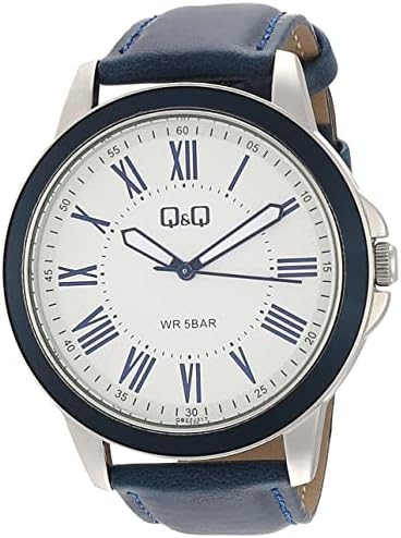 Q&Q Watch for Men, Quartz Movement, Analog Display, Blue Leather