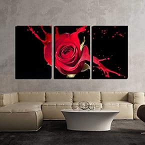 3 Piece Canvas Wall Art - Red Rose with Red Splashes on Black Background - Modern Home Art Stretched and Framed Ready to Hang - 16"x24"x3 Panels