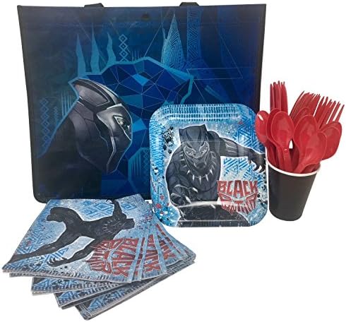Marvel Black Panther Birthday Party Supply Kit For 8 Includes Plates Napkins Cups Cutlery with One Gift Tote Bag