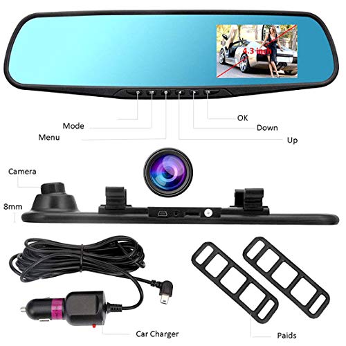 Mirror Dash Cam Backup Camera, 4.3'' 1080P Car Auto DVR Monitor Rear View Dual Camera Video Recording System with G-Sensor, WDR, Loop Recording