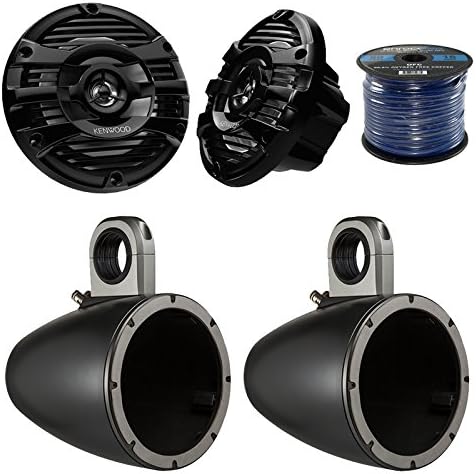 2X Kicker Tower Enclosure for 6.5" Marine Speakers, 2x Kenwood 6.5" 2 Way Marine 150W Black Speaker System, Enrock Audio Marine Grade Spool of 50 Foot 16-Gauge Speaker Wire