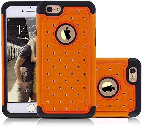 iPhone 6S Case, NOVT Hybrid Dual Layer iPhone 6S Case Shockproof Phone Cover Hard Plastic with Soft Rubber Heavy Duty Protective Case for Apple iPhone 6S/6 4.7 Inch with Bling Rhinestone (Orange)