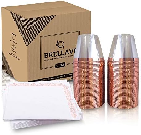 9 Oz Rose Gold Plastic Cups with Napkins – 80pcs Disposable & Reusable Elegant Clear Wine Tumblers & Tableware– Rose Gold Rimmed Champagne Party Cup for Weddings, Parties, Events - BPA-Free