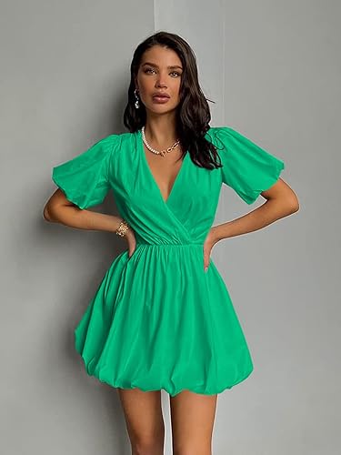 PRETTYGARDEN Women's Short Summer Dresses Casual Puffy Sleeve Wrap V Neck  Ruffle Solid Color Flare Dress (Green,Medium) in Kenya | Whizz Dresses