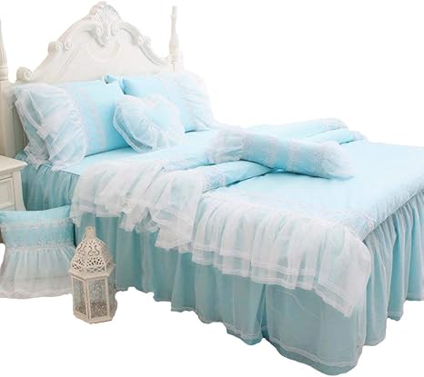 Amazon Com Abreeze White Ruffled Duvet Cover Sets Korean Princess Light Blue Bedding Girl Bedroom Sets Lace Design Girls Bedding Set Twin 4pcs Home Kitchen