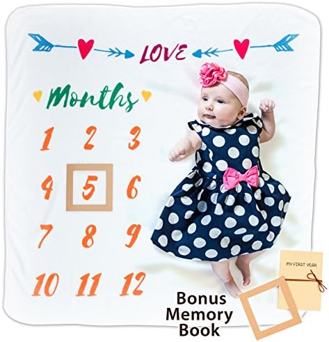 Baby Premium Monthly Milestone Blanket, Photo Prop &amp; Book, Soft Fleece and Plush, 47 x 47 Large, Baby Swaddling Blanket for Photography, Memory for Boy and Girl first year – (Colorful, Large)