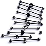 PiercingJ 10pc Black Silver Stainless Steel Mix Long Industrial Barbell Stud Earrings Piercing