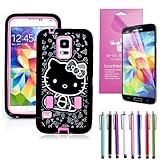 Epic Gadget(TM) Samsung Galaxy S5 i9600 Hybrid Heavy Duty Protective Combo Case Cute Pink Miss Kitty Shockproof Cover Skin With Built in Screen Protector + Free Screen Protector and 1 Stylus Pen (Hello Kitty Pink Case)
