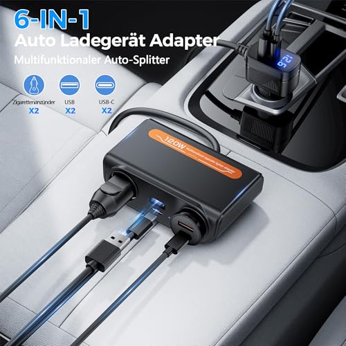 SOARUN 120W Auto Ladegerät,12V/24V KFZ Zigarettenanzünder Verteiler 6 in 1 | 2 Fach Steckdose mit 36W PD & 3 USB, Zigarettenanzünder Stecker für iPhone/iPad/Dashcam/GPS,Handy Adapter mit LED Voltmeter