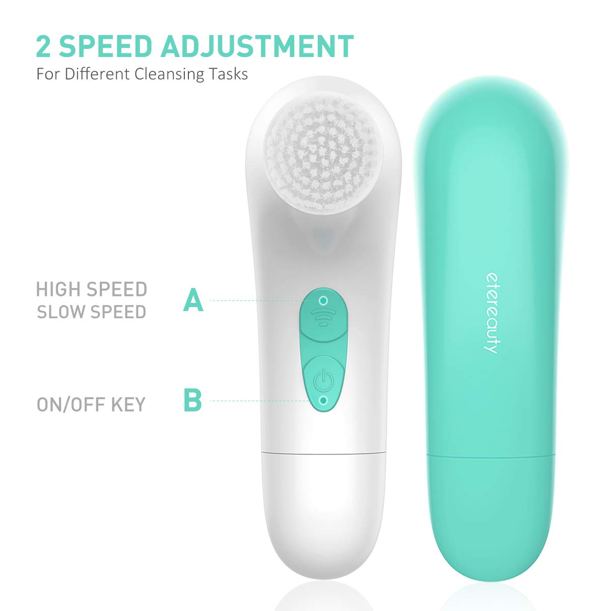 Facial Cleansing Brush,【2021 Upgraded】ETEREAUTY Waterproof Travel Face Brush with 4 Heads & Protective Case, Easy to Carry, Deep Cleansing Gentle Exfoliating for Face and Body, Cyan: Beauty