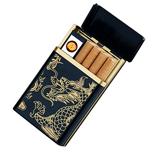 Cigarette Lighter Case,Moonwbak Slide Cigarette Case Holds 8 Standard Cigarettes with Coil Lighter USB rechargeable Electronic Cigar Lighter Windproof (Gold Dragon)