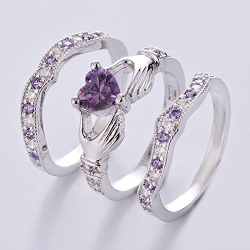 3PCs Irish Claddagh Celtic Heart Amethyst 925 Silver Wedding Ring Bridal Set New Size 6-10 (8)