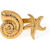 Bohemian Starfish Conch Open Rings for Women Stainless Steel Fashion Summer Beach Adjustable Spiral Ocean Style Wave Expandable Stackable Finger Band Eternity Ring Boho Statement Jewelry Holiday