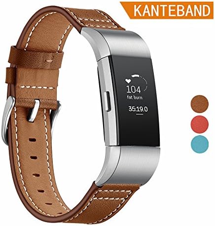 For Fitbit Charge 2 Replacement Bands, Men Classic Genuine Leather Wristband with Metal Connectors by Kanteband, Fitness Large Strap for Fit-bit Charge2 Watch (Brown)