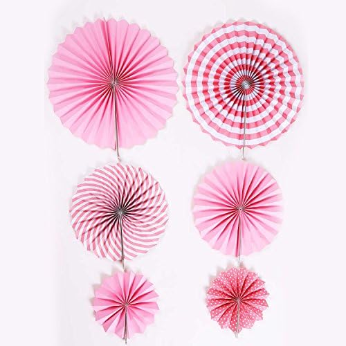 PRONUVEL 6PCS Hanging Folding Tissue Paper Fans for Wedding Birthday Party Pink Color(16inch,12inch,8inch)