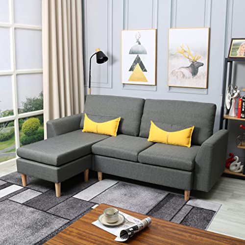 HOMA Fabric Sectional Sofa, L-Shape 3seat Sofa with Ottoman, Small Couch in Linen Fabric with Reversible Chaise, Apartment Couch for Small Space (Grey, 3seat+Ottoman)