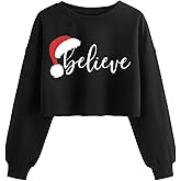 KNBUO Womens Christmas Holiday Crop Sweatshirt Funny Xmas Graphic Lantern Long Sleeve Pullover Winter Family Matching Top