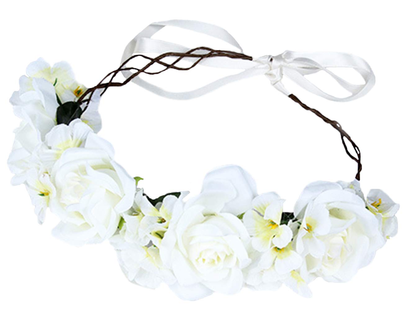 Brikuinr Rose Flower Crown Floral Wreath Headband Hair Wreath Hair Garland Flower Halo Floral Headpiece Boho with Ribbon Wedding Party Festival Beige