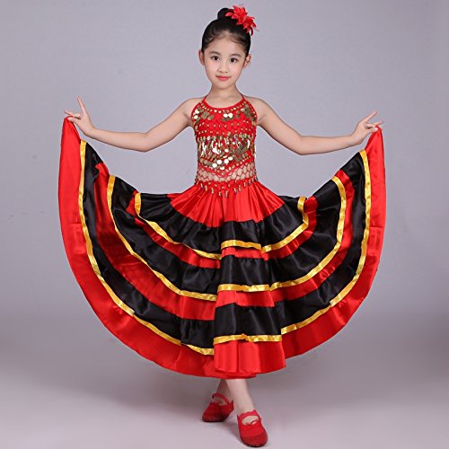 Dreamowl Girls Belly Dance Skirt 360 Degree Circle Costume Spanish Dances Bull Skirt (4-5 T, 180 Degree) - Thumbnail 3