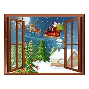 Cartoon Santa Claus and Reindeers Flying Over The Snow - Peel and Stick Self-Adhesive Removable Window View Wall Sticker/Wall Mural - 24"x32"