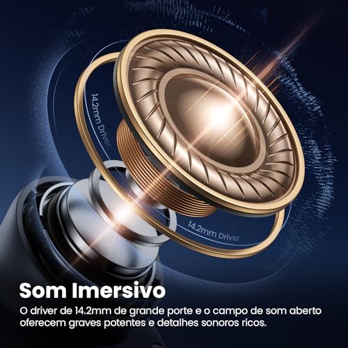 Tranya M20 Fones de Ouvido Bluetooth - 30 Horas de Bateria, À Prova de Suor, App Personalizável, Drivers de 14.2 mm com Graves Potentes, Microfone para Chamadas Claras - Preto Cósmico