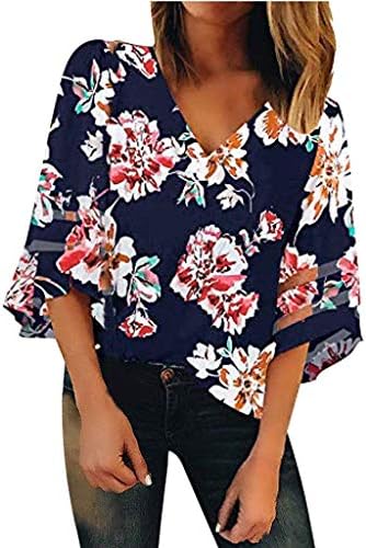 Fiaya 4th of July Women Sweatshirt Blouse American Flag Patriotic Button Off Shoulder Mesh Sleeve T-Shirt Tank Tops (M, Navy Floral)