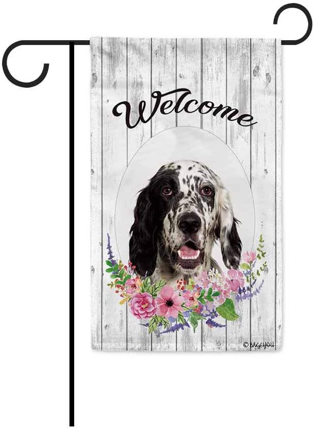 BAGEYOU Welcome Spring Summer Flowers Cute Dog English Setter Decorative Garden Flag Lovely Puppy Floral Seasonal Home Decor Banner for Ourside 12.5 X 18 Inch Print Double Sided