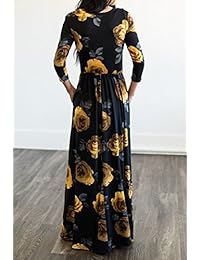 Mitilly Vestido largo para mujer con diseño floral y plisado, manga 3 4 y bolsillos, estilo casual con vuelo.