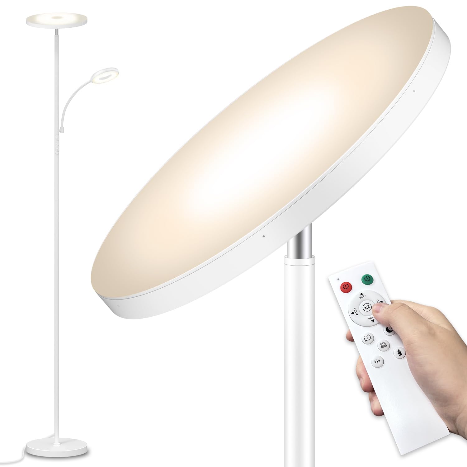 marctronic White Floor Lamp, 42W 4000LM Super Bright LED Room Lamp with Adjustable Reading Light ...