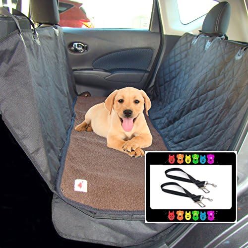 Ultimate Dog Seat Cover and Pet Hammock Features Dark Brown Washable Fleece Mat, Mesh Window and Metal Buckles - 5-Piece Set