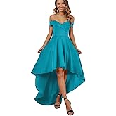 TTBFXHS Off The Shoulder High Low Satin Formal Evening Gowns Prom Dresses for Women, Wedding Guest Cocktail Party Dresses