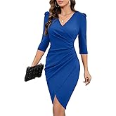 IHOT Women's 2026 Sexy V Neck 3/4 Sleeve Faux Wrap Ruched Sheath Bodycon Party Cocktail Work Dress