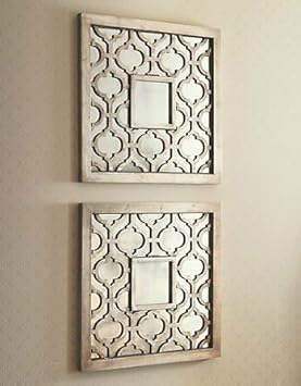 Com Silver Square Fretwork Wood Mirror Wall Art Pair Home Kitchen