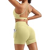 OMKAGI 2 Piece Workout Sets for Women Open Back Padded Sports Bras Booty Shorts with Pockets Gym Outfits
