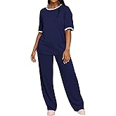 HBQ Women's 2 Piece Outfits Loose Fit Tops Wide Leg Pants Short Sleeve Lounge Matching Sets Sweatsuits