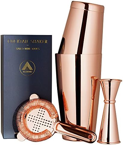 Copper Plated Boston Cocktail Shaker, 4-Piece Set: 18oz &amp; 28oz Weighted Tins, Cocktail Strainer and Double Jigger (0.5oz - 2oz), 18/8 Stainless Steel Cocktail Set with Recipes and Greeting Card