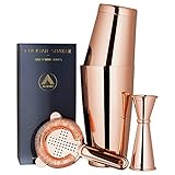 Copper Plated Boston Cocktail Shaker, 4-Piece Set: 18oz & 28oz Weighted Tins, Cocktail Strainer and Double Jigger (0.5oz - 2oz), 18/8 Stainless Steel Cocktail Set with Recipes and Greeting Card