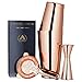 Copper Plated Boston Cocktail Shaker, 4-Piece Set: 18oz & 28oz Weighted Tins, Cocktail Strainer and Double Jigger (0.5oz - 2oz), 18/8 Stainless Steel Cocktail Set with Recipes and Greeting Card