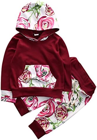 Newborn Baby Hoodie Tops + Floral Pant Leggings Outfits Baby Kids Clothes Set 2Pcs -Glosun (6-9 Months, Purplish Red)