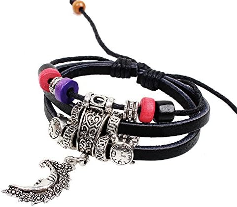 The Moon Fashion Leather Bracelet with Wooden Beads and Alloy Accessories Adjustable Cuff Charm Bangle