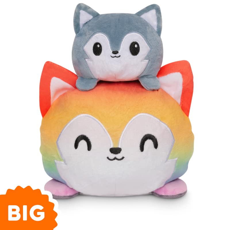 TeeTurtle - Original Reversible Big Wolf Plushie - Rainbow + Gray - Huggable and Soft Sensory Fidget Toy Stuffed Animals That Show Your Mood