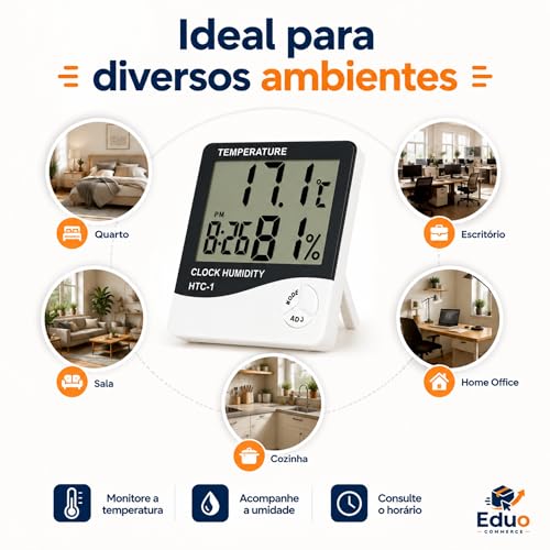Termômetro Higrômetro Digital HTC-1 — Medidor de Temperatura e Umidade com Relógio, Alarme e Memória Máx/Mín | Display LCD Grande para Casa, Escritório, Quarto de Bebê e Estufa