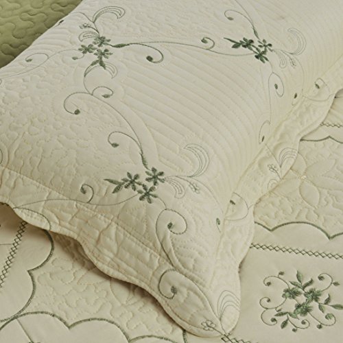 3-Piece Quilt Coverlet Bedding Set Full/Queen(90"x90") Size Bedspread Floral Pattern Exquisite Embroidery Lightweight Hypoallergenic by JessyHome, Olive - Thumbnail 4