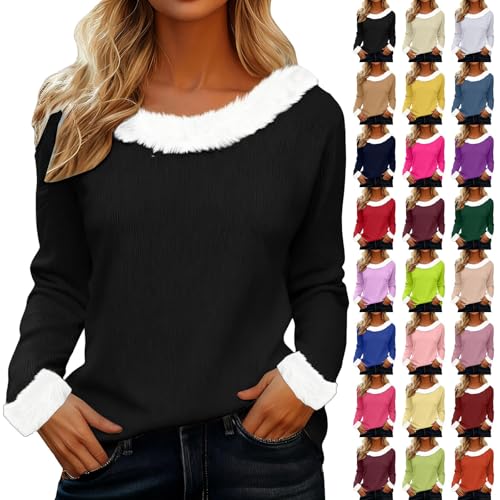 IUYTYSER Sweatshirts for Women UK Ladies Autumn Winter Long Sleeve Tops Plush Collar Cuffs Solid Color Jumpers Casual Furry V Neck Tees Holiday Pullover Tunic Tshirts Black S