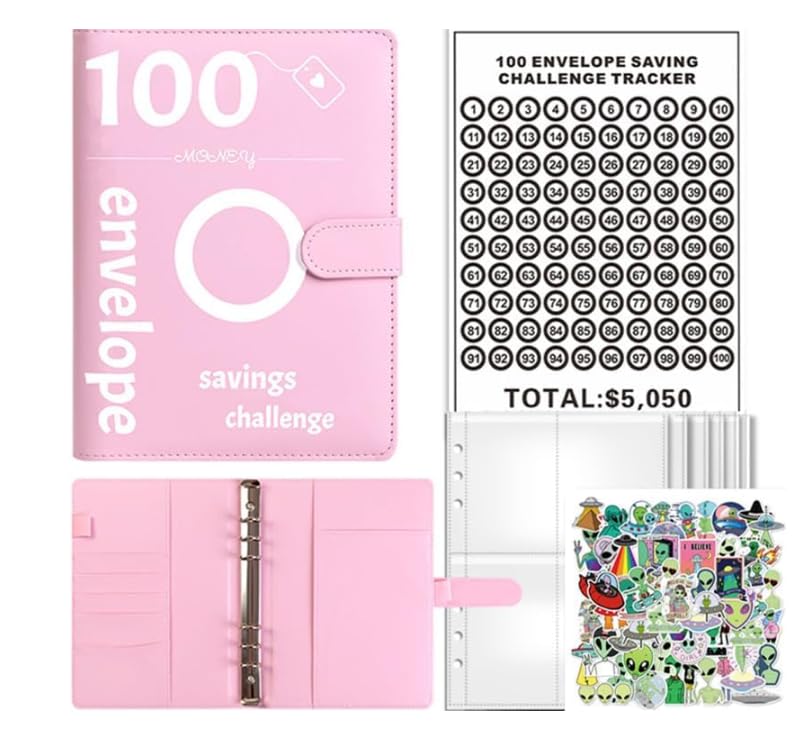 100 Envelopes Saving Challenge,Savings Book with Cash Envelopes Fun Budget Challenges for Money Easy Budget Binder Organizer for Couples Offices Home School (Pink, Alien)