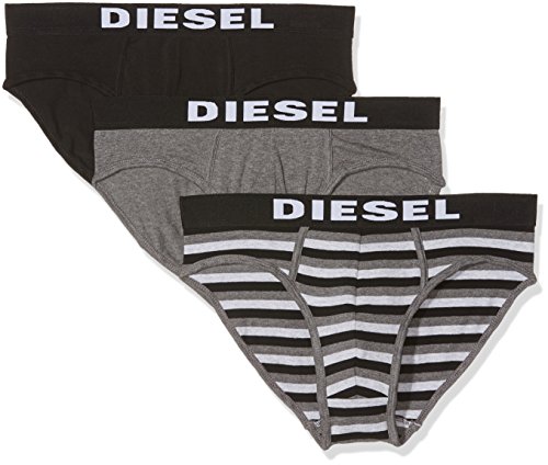 Diesel Men's 3-Pack Andre Yarn Dye Cotton Stretch Brief, Grey Stripe/Grey/Black, Small