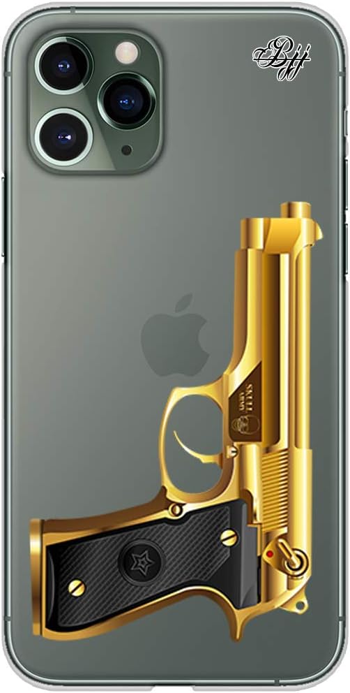 BJJ SHOP Slim transparent case for [ iPhone 11 Pro Max ], TPU flexible silicone shell, design: Golden Beretta pistol