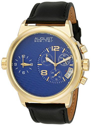 August Steiner Men's AS8151YGBU Yellow Gold Dual Time Zone Swiss Chronograph Quartz Watch with Blue Dial and Black Leather Strap