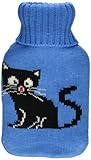 Premium Classic Rubber Hot Water Bottle w/ Cute Knit Cover (1 Liter, Blue / Blue with Black Cat)